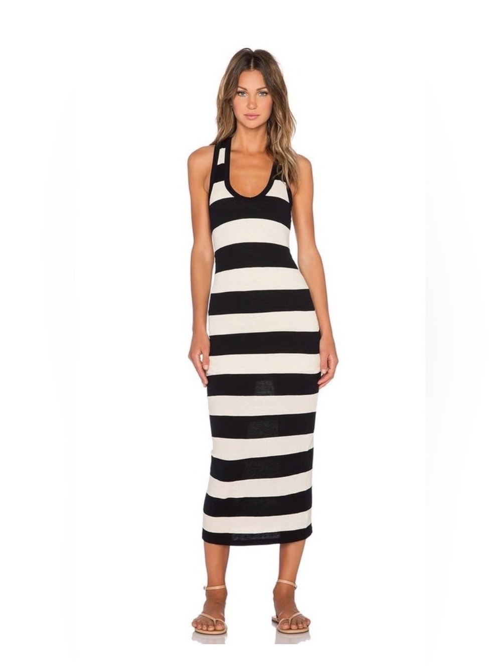 James Perse Standard Striped Racerback Maxi Dress Black Cream Size 2 Sun Dress